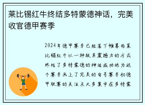 莱比锡红牛终结多特蒙德神话，完美收官德甲赛季