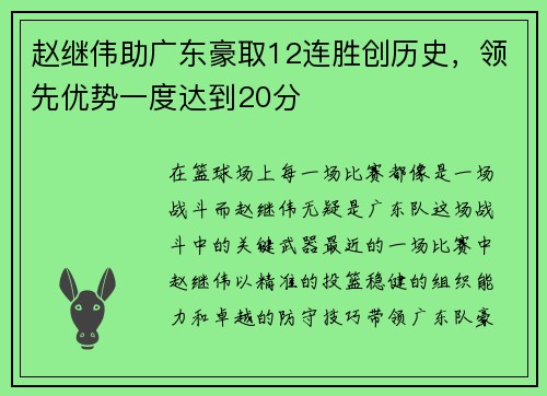 赵继伟助广东豪取12连胜创历史，领先优势一度达到20分